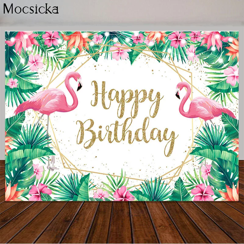 

Pink Flamingo Theme Birthday Party Backdrop Tropical Green Leaf Flowers Photography Background Cake Table Decor Banner Supplies