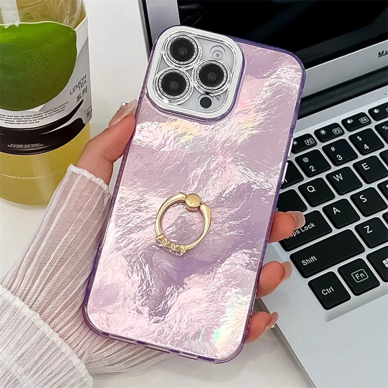Étui de téléphone pliable avec anneau en aluminium pour iPhone 16 Plus 15 14 13 Pro Max, protection de caméra à paillettes, coque arrière rigide antichoc en PC_voghion.com
