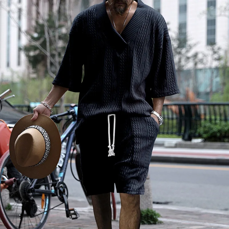 Summer V-neck T-shirt Suit Sportswear Two-Piece Casual Loose Seven-Point Sleeve Jacquard knit Short Sleeved Shorts Set For Men
