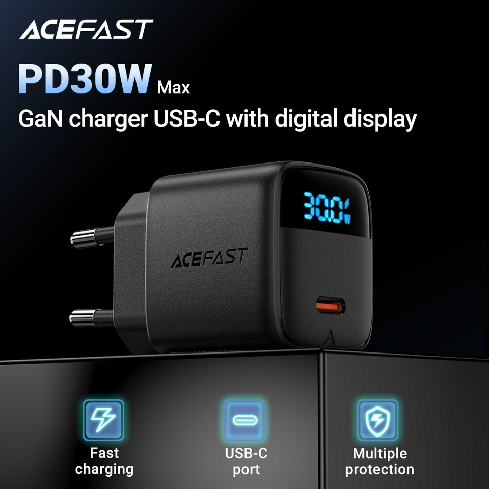 ACEFAST GaN PD30W EU Phone Fast Charging Charger For iPhone 16/15 Pro Max USB C Wall LED Digital Display Adapter For Samsung S25