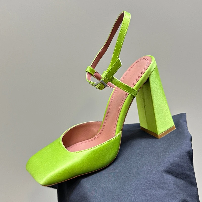 

Summer New Female High Heel Sandals Solid Colors Upper Appear Thin Square Toe Sandals Satin Material Banquet Ladies Shoes