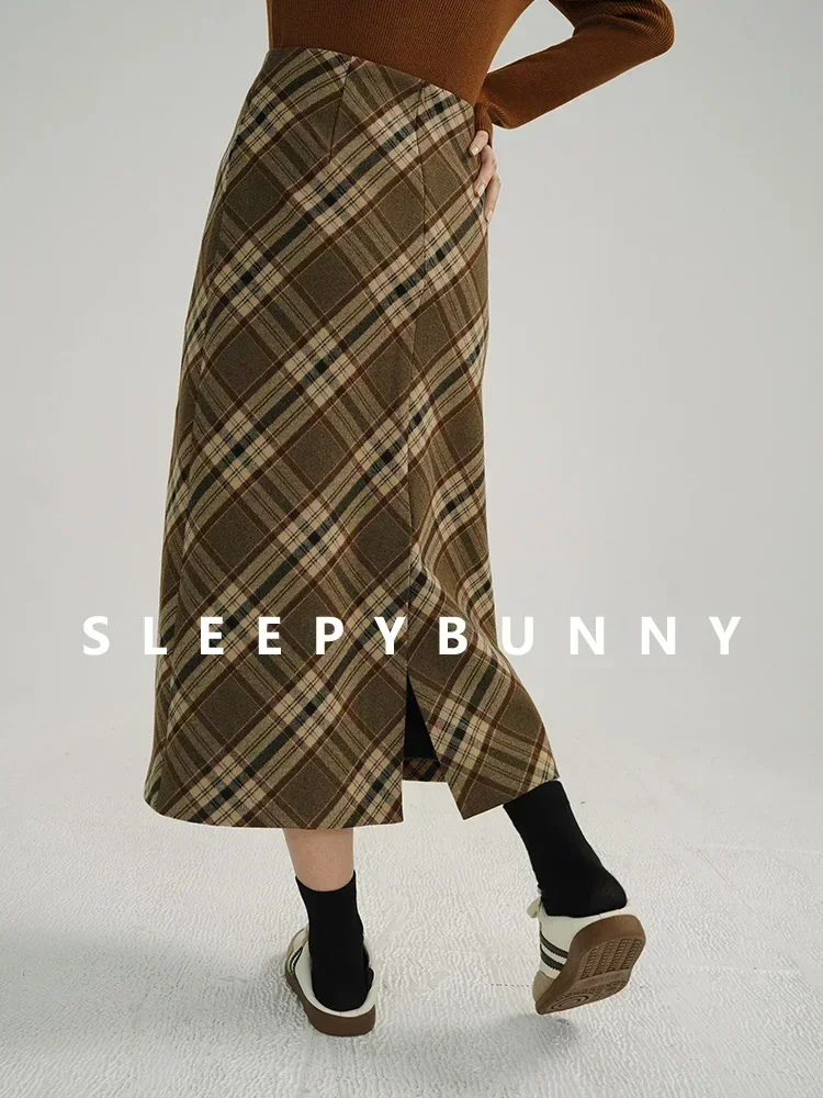 Autumn Winter Women Plaid Wool-Like Skirt High-Waisted Slim Fit Retro American Style Pencil Midi Skirt Elegant and Chic Bottom 3