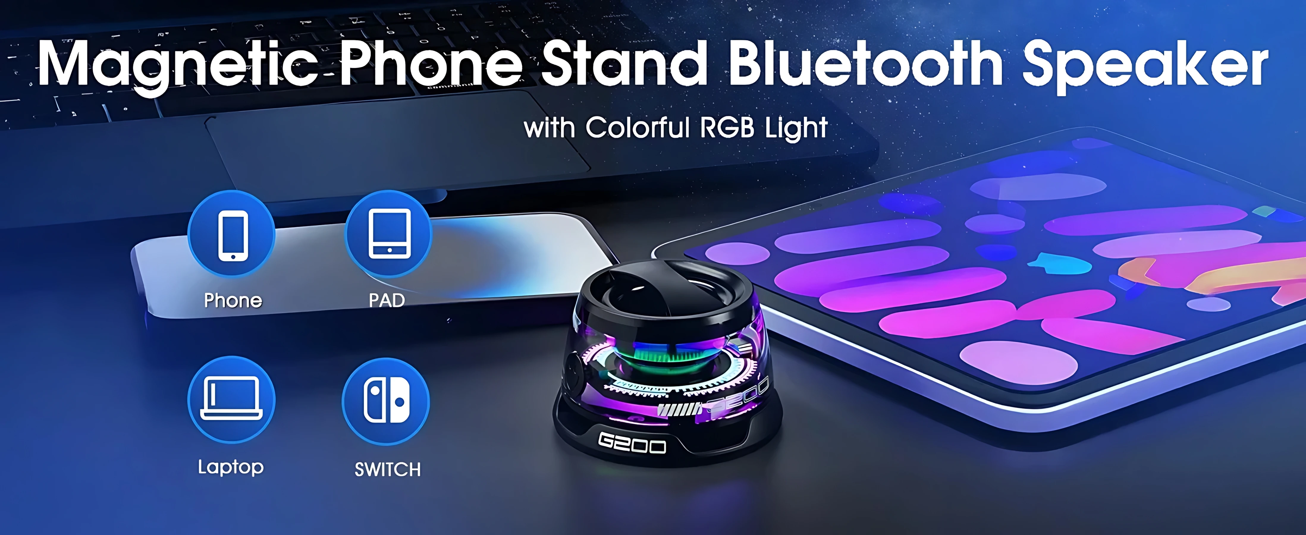 Description Picture 2 of item2025 New Outdoor Magnetic Bluetooth Speaker Wireless Portable Mini Travel Stereo Speaker with RGB Color Light And Phone Holder