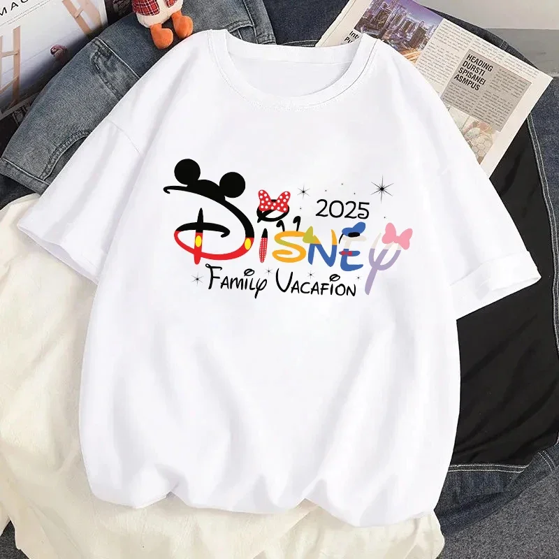 Cartoon Family Vacation 2025 Printed T Shirt Women Kawaii Tees Harajuku 90s Funny Mickey Minnie T-shirt Female Clothing Tops Y2k 3