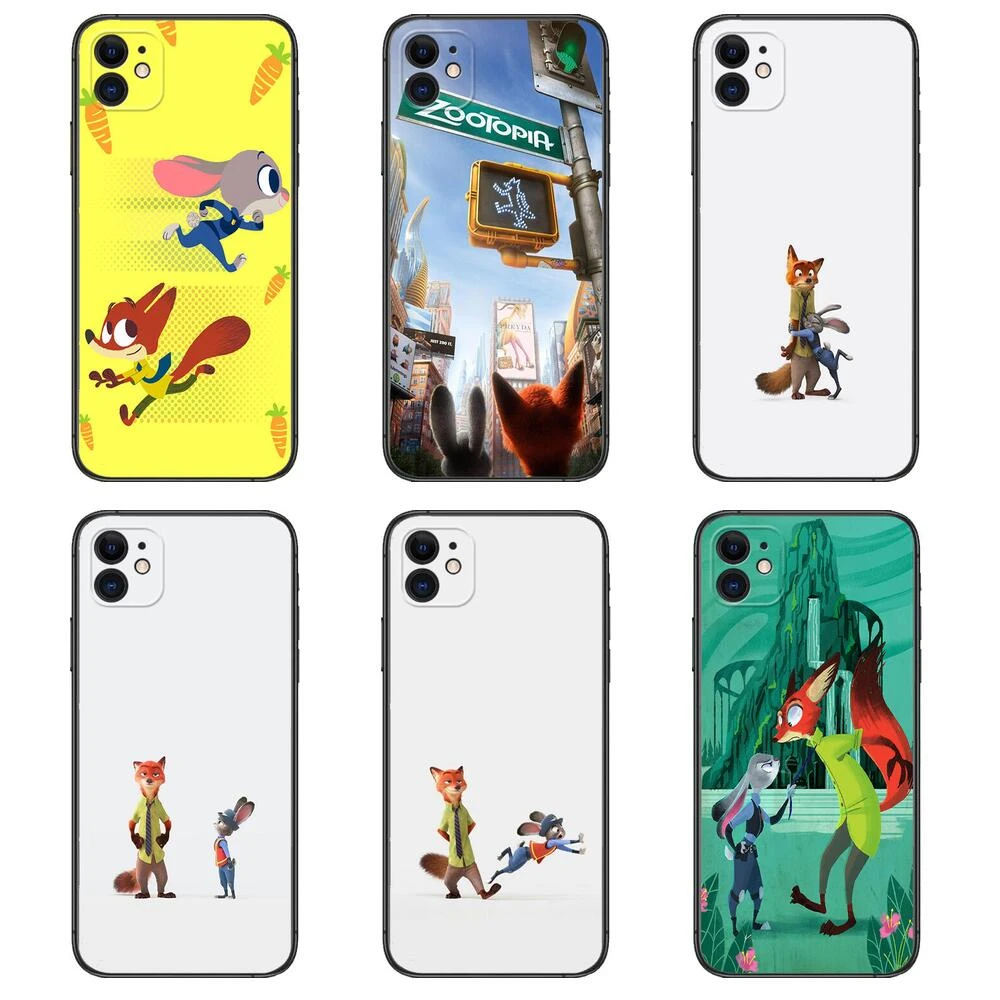 Zootopia cartoon Black mobile phone case For IPhone 13 12 11 Pro Max Mini SE XR X XS  Max 8Plus 7plus 6 6S  New Shell phone Case cute iphone xr cases