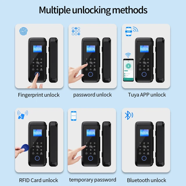 Smart Lock Bluetooth Tuya/TTLock App Control Frameless Glass Door Sliding Door Compatible RFID Card Fingerprint Installation 6