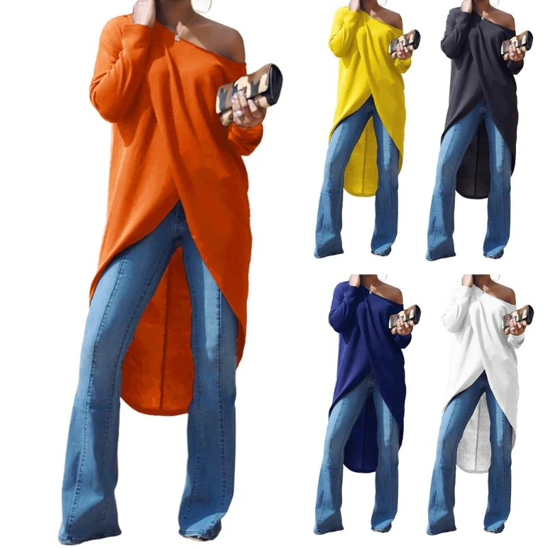 

Womens One Shoulder Pullover Tops Solid Color Long Sleeve T-Shirt Streetwear Tops Summer Casual Blouses P8DB