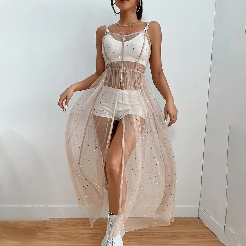 Street Suspender Mesh bikini Blouse Dress Star Perspective Mesh Sexy Slim Dress See Through Dresses Beach Cover Ups swimsuit cover up swimsuit coverup fishnet cover up women dresses