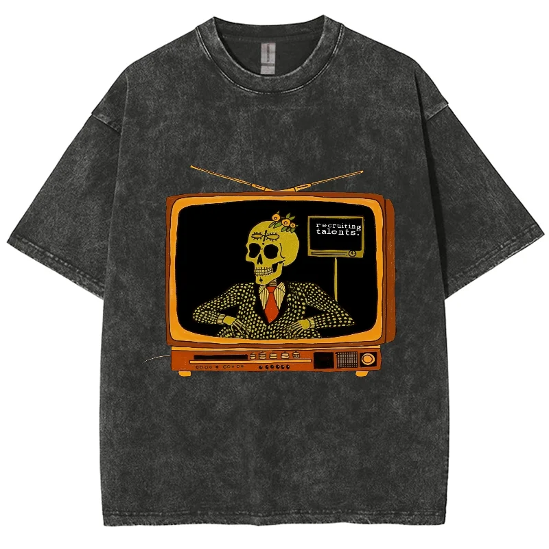 

Cartoon Skeleton Retro TV Host With Recruiting Talents, Y2K Washed T-shirt, Oversized Streetwear Washed Tshirts For Men Women