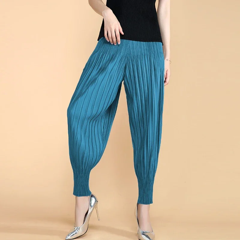 Women Casual Loose Harem Pants Summer Thin Miyak Pleated Solid Color Pocket  Carrot Pants Female Mid Waist Cropped Trousers