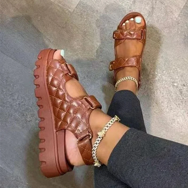 Women Plaid Buckle Strap Sport Sandals Casual Open Toe Beach Anti-Slip Platform Flat