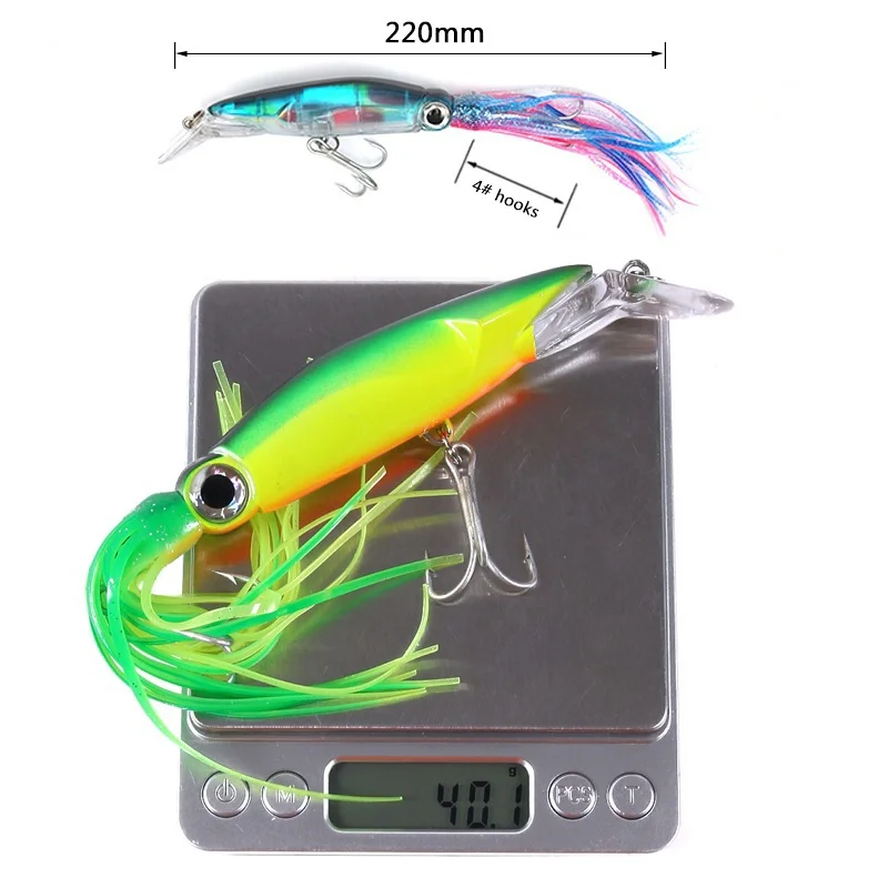 FLYSAND Large Lifelike Octopus Fishing Lure With 2 Treble Hook Luminous Squid Jigs Artificial Simulation Squid Hard Fishing Lure