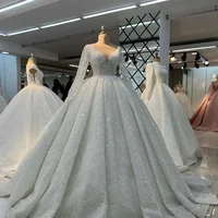 customized Luxury Ball Gown V-Neck Wedding Dresses Arabic Dubai Pearls Beaded Illusion Long Sleeves Bride Gowns Vestido De Noiva 1
