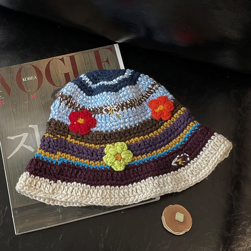 Acrylic Knit Crochet Bucket Hat Handmade Foldable Floral Pattern Amazon.com: XYIYI Beige Women Crochet Bucket Hat Knit  main image 3