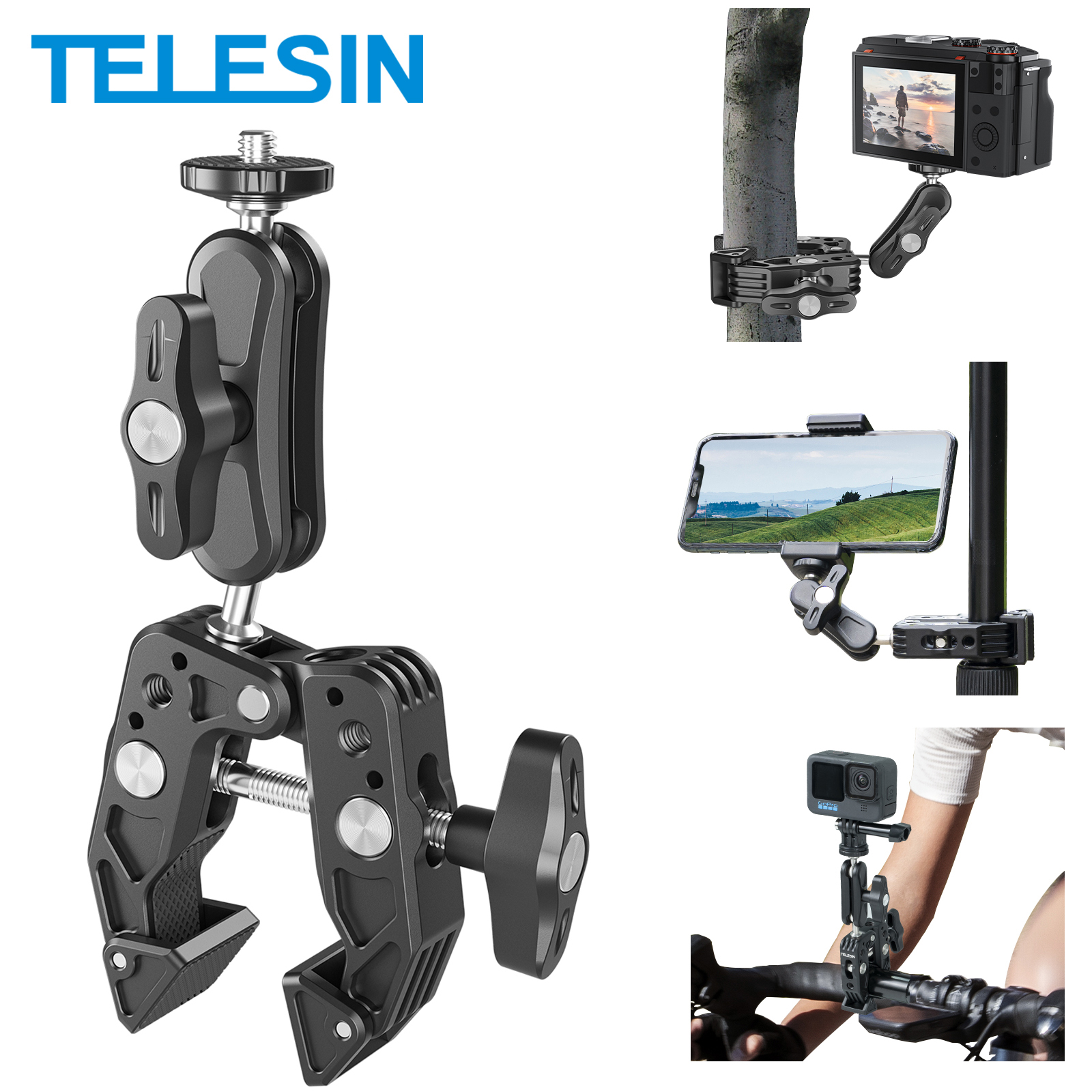 TELESIN Aluminum Super Clamp with Double 360Â° Ball Head Magic Arm For GoPro Insta360 DJI OSMO Aciton Mobile Phone Action Camera