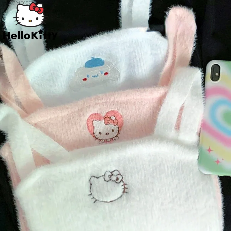 

Sanrio, Hello Kitty Kawaii Cinnamoroll Топы для женщин Y2k мультфильм пушистые теплые Топы Милые осенние зимние Хлопковые женские майки