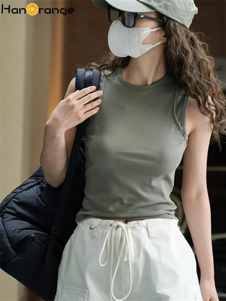 

HanOrange 2023 Summer Casual Sports Style Fake Two Piece Racerback Tank Top Sleeveless Top Female Black/Dark Gray Green