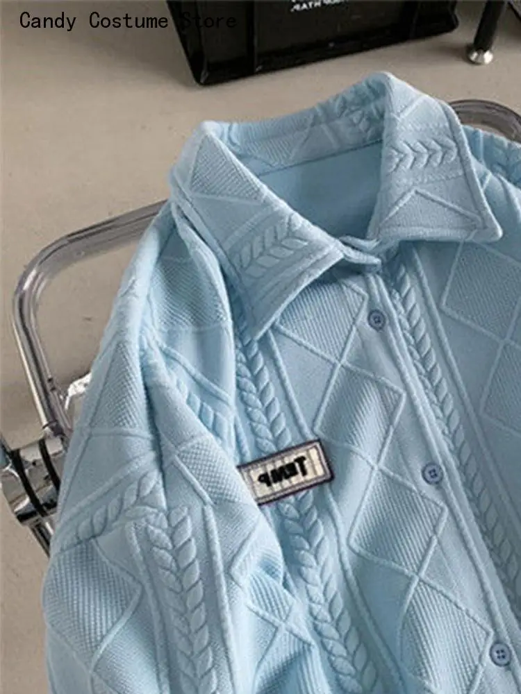 Long-Sleeve Top Loose Trend Diamond Button-Up Jacket High-End Waffle Lapel Shirt Cardigan Men Womenspring Autumn