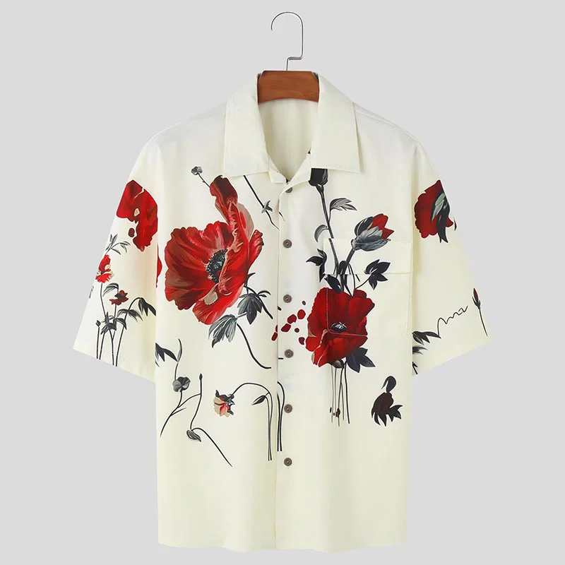 thumbnail image 1 of INCERUN Tops 2024 estilo coreano moda hombres estampado floral camisas verano casual streetwear solapa manga corta blusa S-5XL, 1 of 5