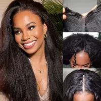 Perruque Kinky Straight V Part, couleur noir naturel, sans extension, facile à poser, perruque complète à clips sans colle en cheveux humains pour femmes 4