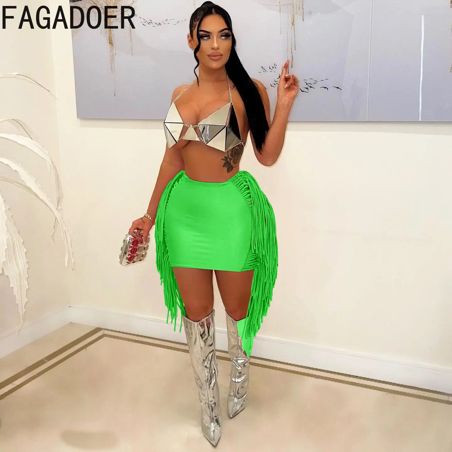 FAGADOER Sexy Tassel Bodycon Mini Skirts Party Club Outfits Women Fashion Chic Streetwear Short Birthday Holidays Skirt Solid - Image 5