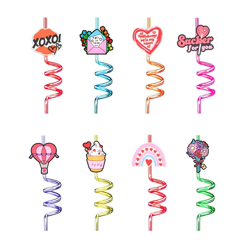 Straws For Children's Valentine's Cards, With Heart-Shaped Bags And Stickers, Are Used For Classroom Exchange.