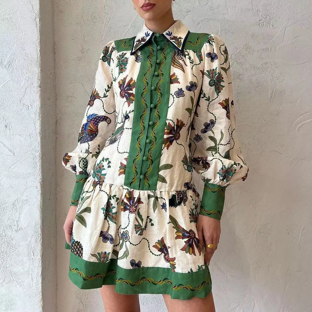 

2023 Single Breasted Long Lantern Sleeve Graffiti Print Lace Up Waist Dress