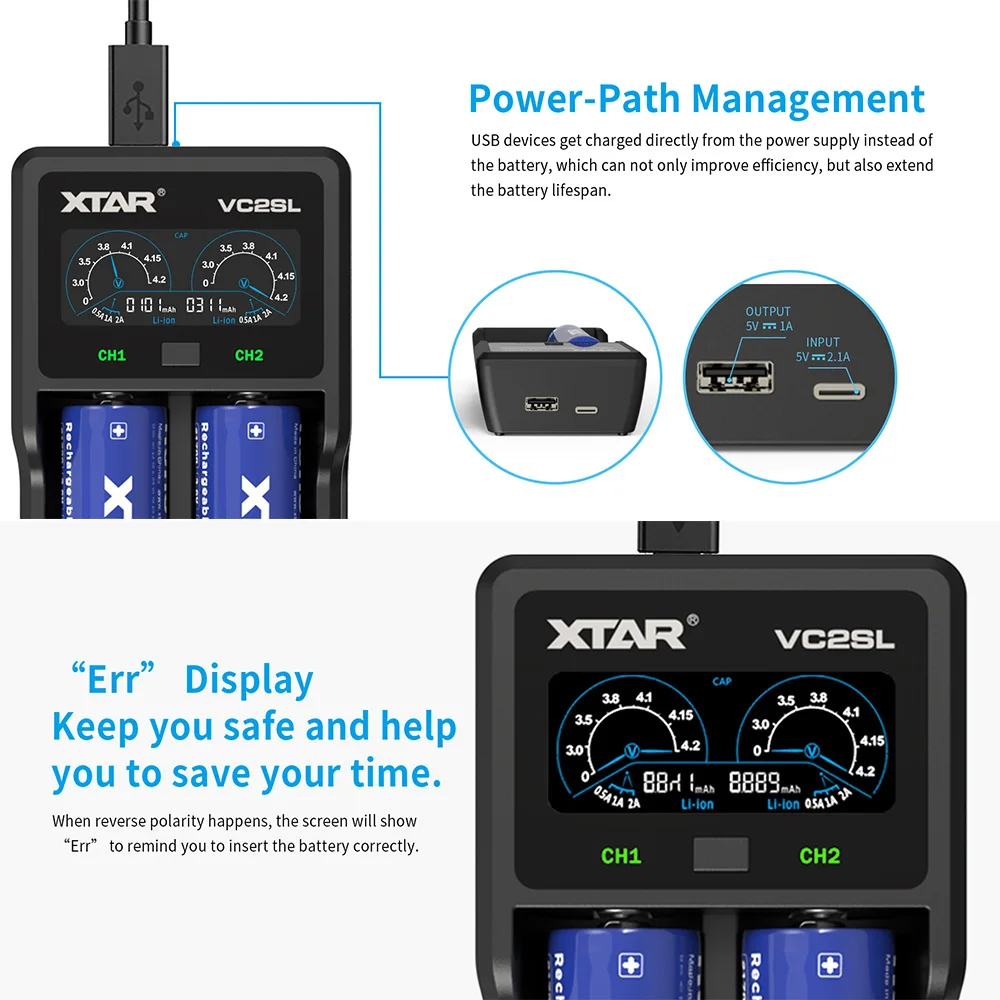 XTAR Power Bank 18650 Battery Charger VC2SL USB C Charging Rechargeable Li-ion Batteries 10400-26650 20700 21700 Battery Charger