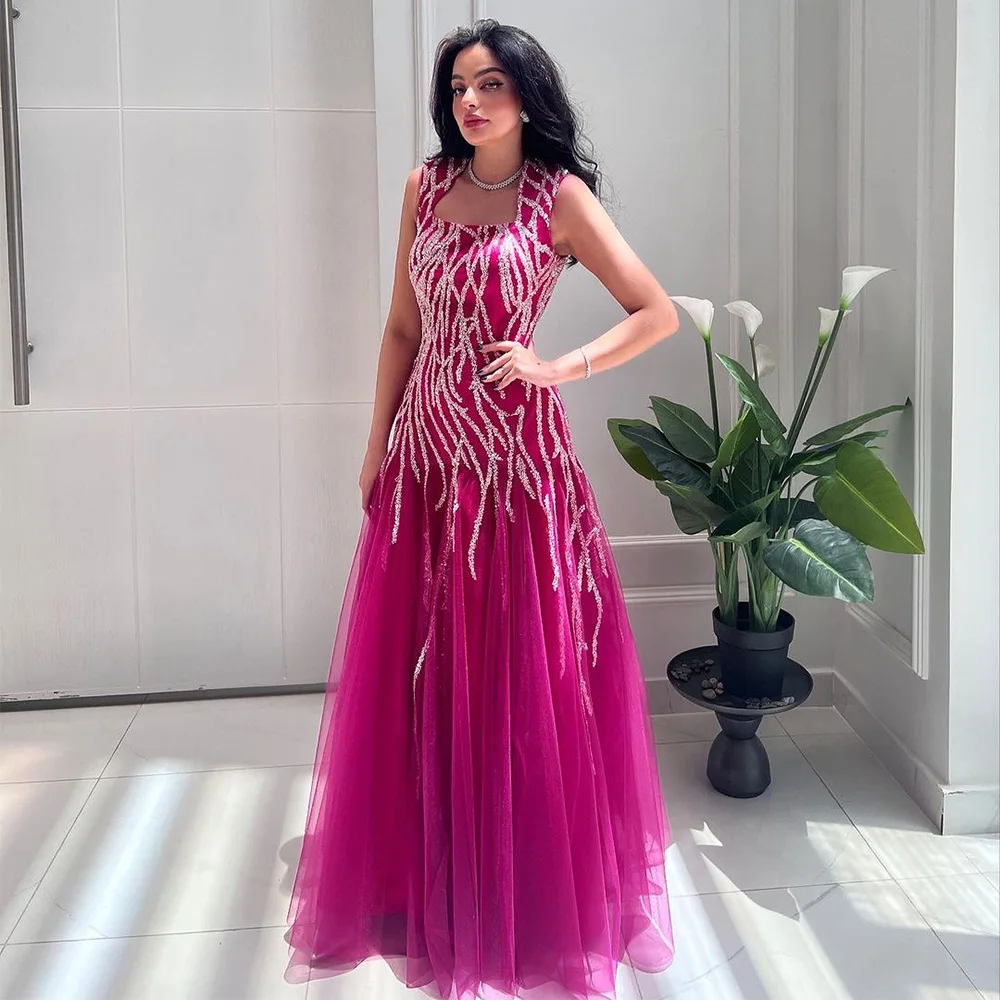 

Xijun Fuchsia Crystal Beadings Sequined Saudi Arabic Evening Dresses Pleat Ruched Dubai Women Prom Dress Formal Party Gowns 2023