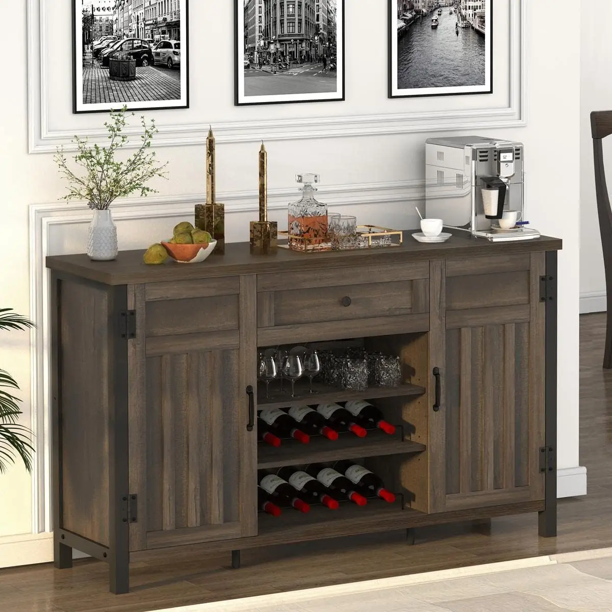 

FATORRI Industrial Coffee Bar Cabinet with Wine Rack, Wood Buffet and Sideboard with Storage Cabinet, Rustic Credenza Cupboard