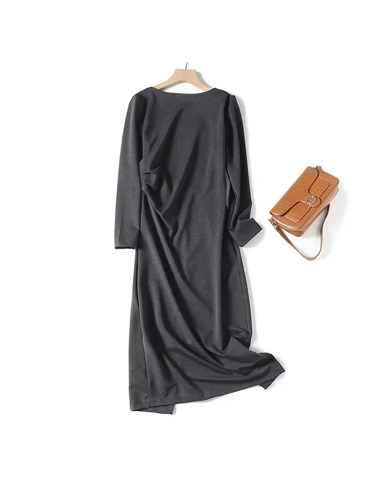 

ZADATA 2023 new autumn and winter women's round neck solid color simple, elegant, slim and versatile commuter long skirt