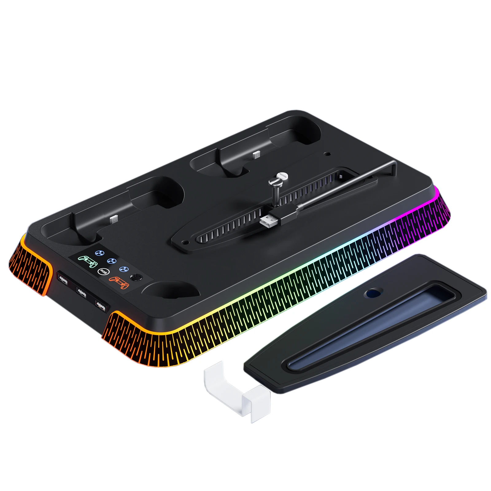 STORM WYRM PS5 Pro/PS5 Slim/PS5용 다기능 충전 스탠드(듀얼 충전 도크, 냉각 팬 및 LED 조명 YH66S 포함)
