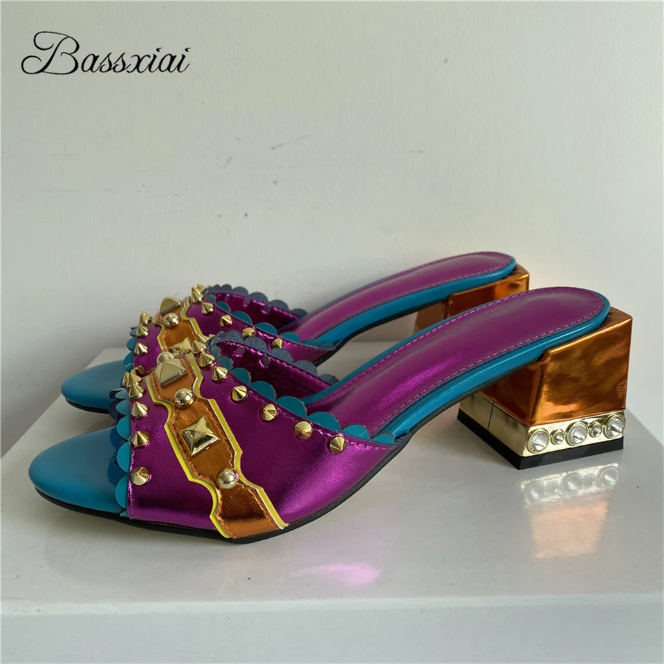 

Sexy Rivet Decor Slingbacks Mules For Girls Genuine Leather Open Toe Diamond Rhinestone Square Heel Sandals Women Summer