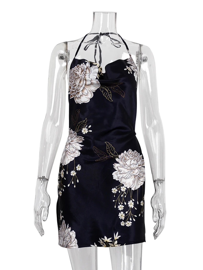 Marthaqiqi Printing Femme Nightgowns Sexy Spaghetti Strap Sleepwear Halter Lace Up Nightwear Mini Dress Home Clothes For Women