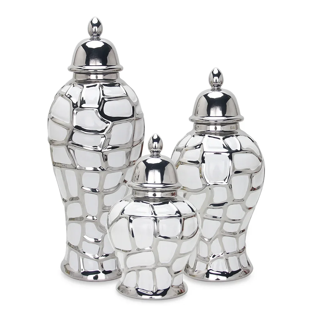 Ceramic General Pot Silver Grid  Porcelain Ginger Jar Storage Tank with Cover Flower Vase Home Furnishing Decoration Vases Pots 6