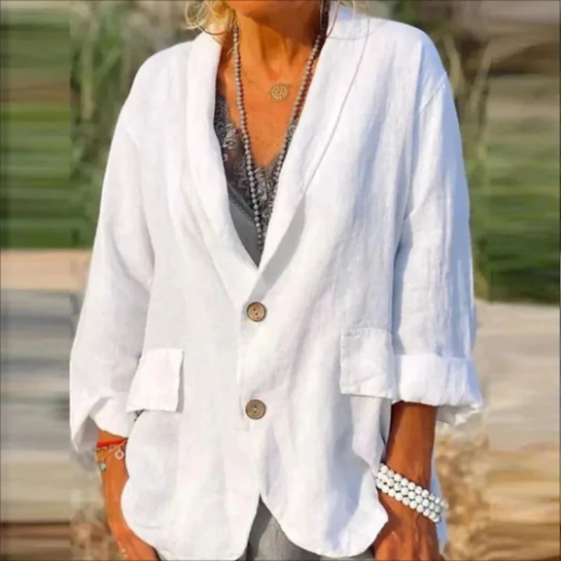 Women Elegant Retro Turn-down Collar Outerwear Fashion Long Sleeve Cotton Linen Shirt Coat Autumn Casual Loose Overcoat Tops