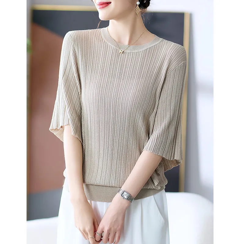 

Loose Summer Knitted T-shirts Womens New Arrival O Neck Batwing Sleeve Shirts Korean Fashion All-match Pullover Tee Crop Top
