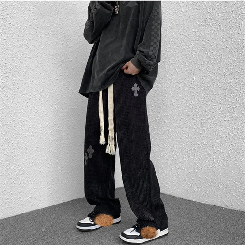 New Streetwear Women Wide Leg Pant Cross Embroidery Woman High Waist Straight Baggy Corduroy Trousers Women Clothing Y2k Pants nike sweatpants