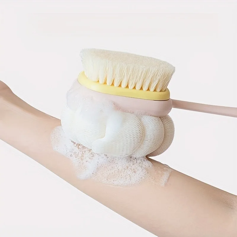 1 spazzola per il corpo con setole e luffa, spazzola per la schiena con manico lungo curvo, per l'esfoliazione della pelle durante il bagno. Accessorio per il bagno. - immagine 5