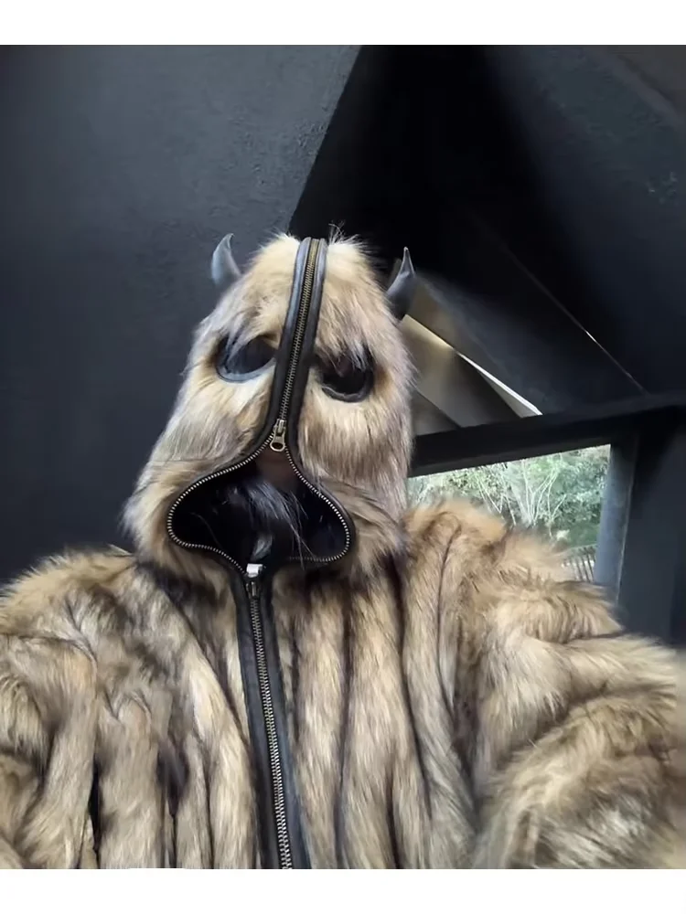 Thick Horned Hooded Faux Fur Coat 1