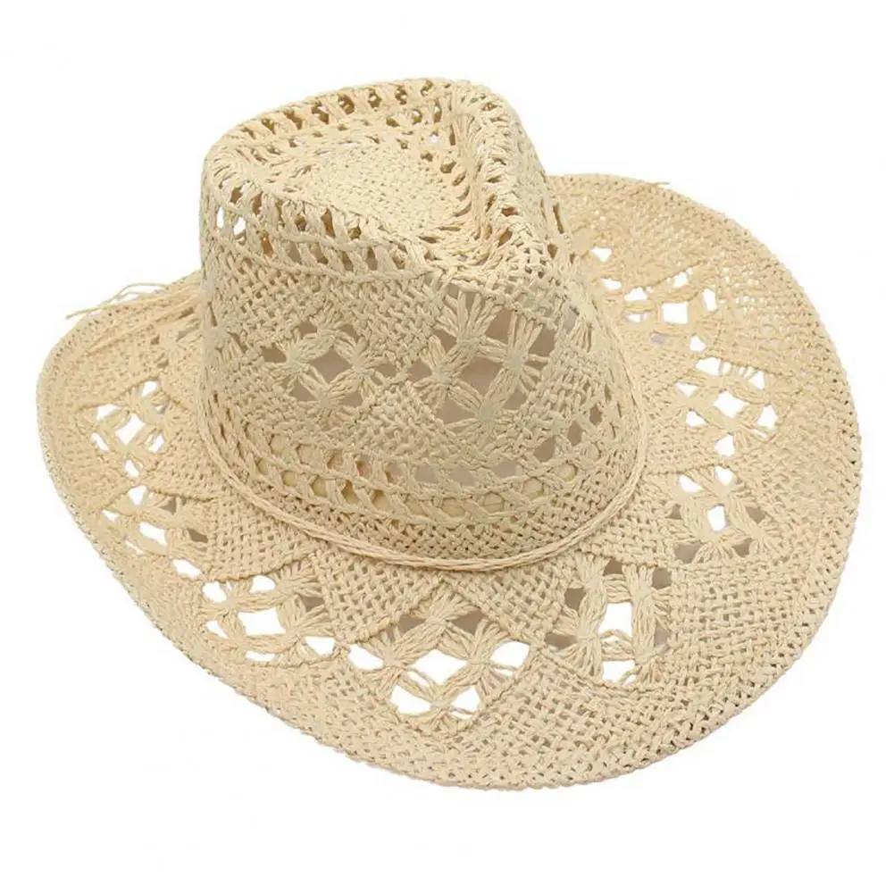 Women Cowboy Hat Unisex Hollow Out Summer Hat Solid Color Curled Edge Strap Jazz Decorative Vintage Braided Straw