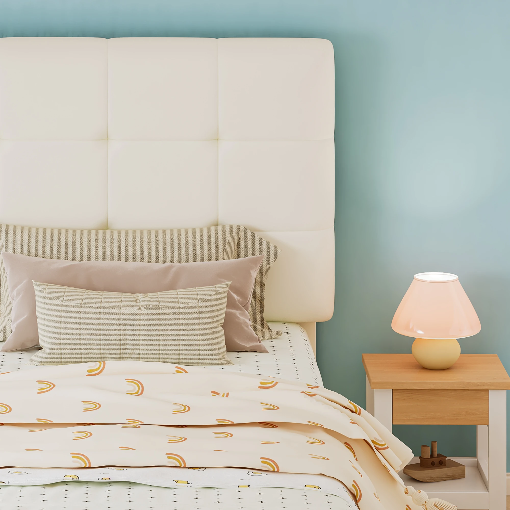 Gepolstertes Bett, Einzelbett, Kinderbett, weiches Kopfteil und Rückenlehne mit Anti-Kollisions-Schaumstoffkante, keksförmiges Kopfteil – Detail 18