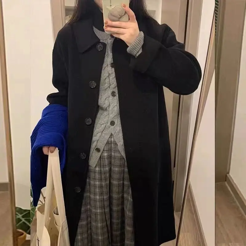 2023 Autumn Winter Women Woolen Overcoats Korean Lady Casual Loose Outerwear Black Long Coats Pure Color Basic Button Jackets