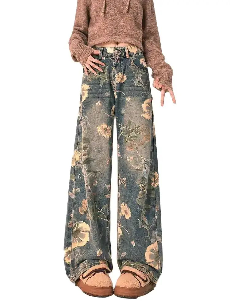 Vintage Floral Straight Jeans Floral Print High Waist High Street Blue Pants Korean Fashion Women'S Wide Leg Baggy Trouser