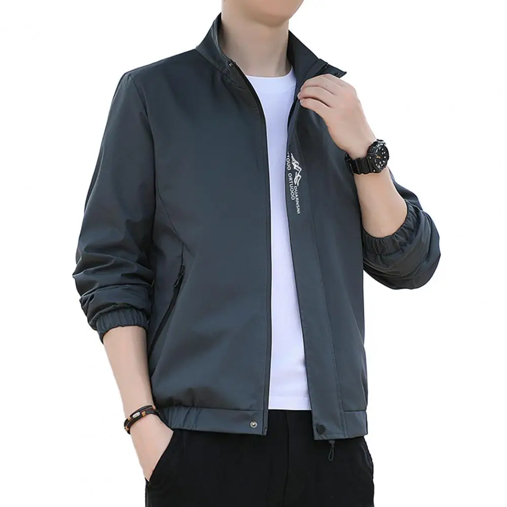 

Men Zipper Closure Coat Stylish Men's Embroidered Windbreaker Stand Collar Long Sleeve Slim Fit Jacket for Spring Autumn Casual