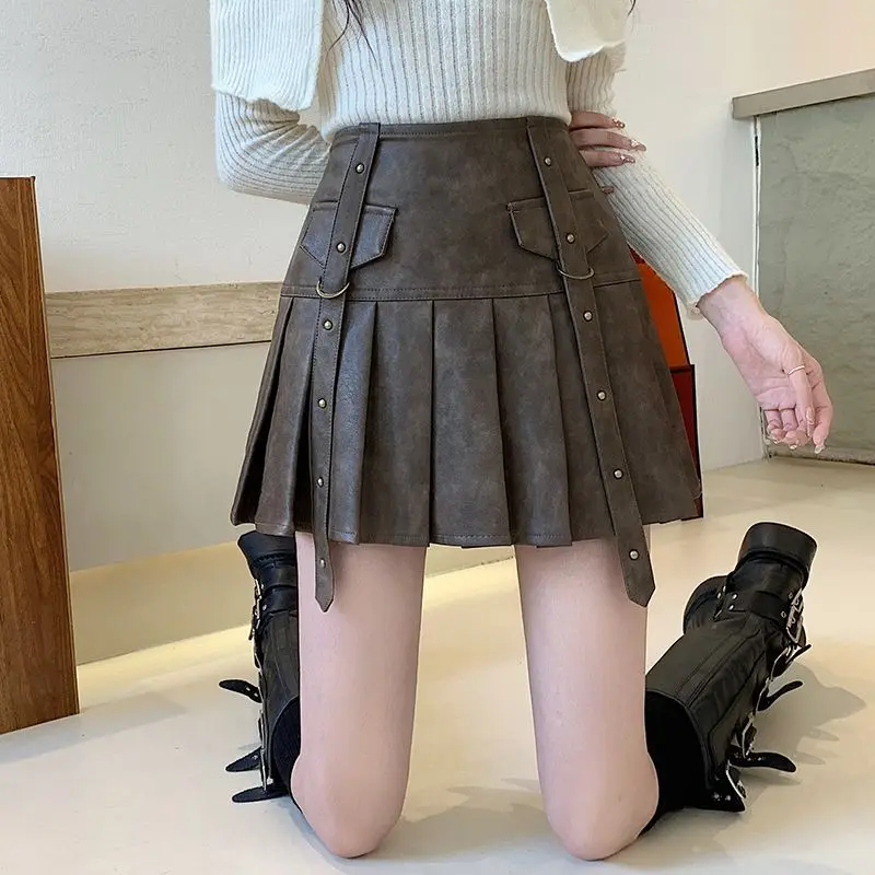 Leather Skirts A-Line Skirts Women Black Pleated Y2k Harajuku Korean Vintage Aesthetic Mini Skirt High Waist A Line Skirt