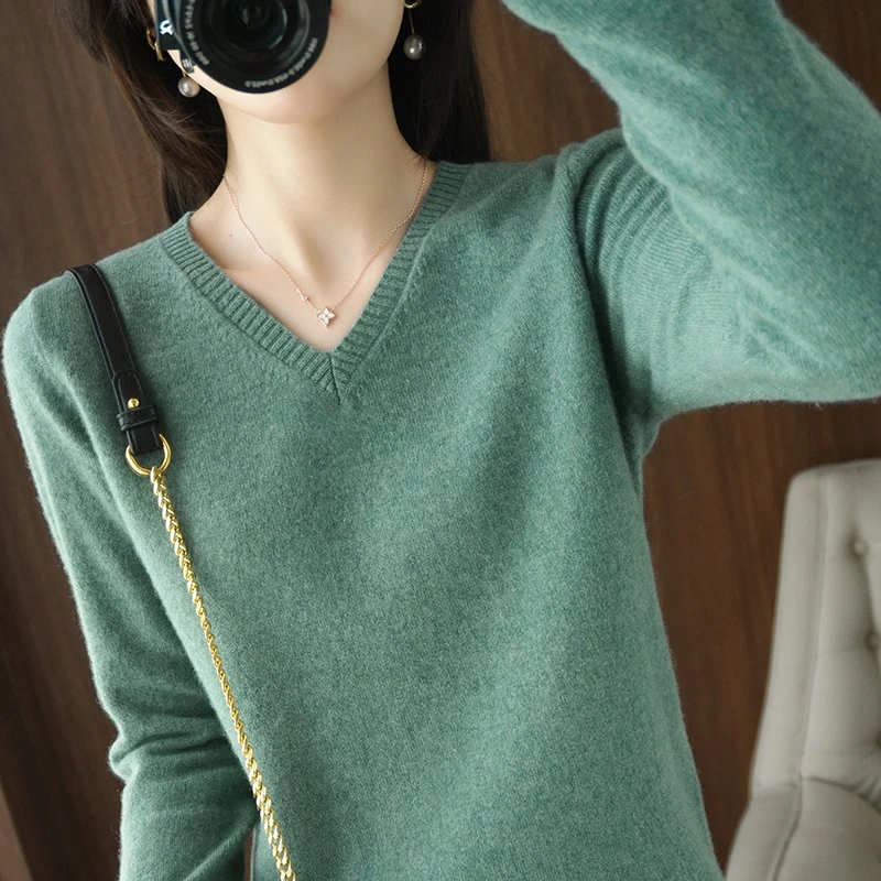 

Female New V-Neck Knitted Sweater Long-Sleeved Loose Pullover Spring/Summer Casual Solid Base Shirt Thin Sweater Wild Women Top
