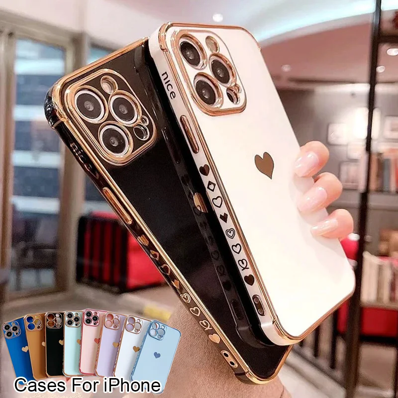 

Electroplating Side Love Heart Phone Case For IPhone 15 14 13 12 11 Pro Max XR 8 Plus SE2/SE3 Shockproof Back Cover