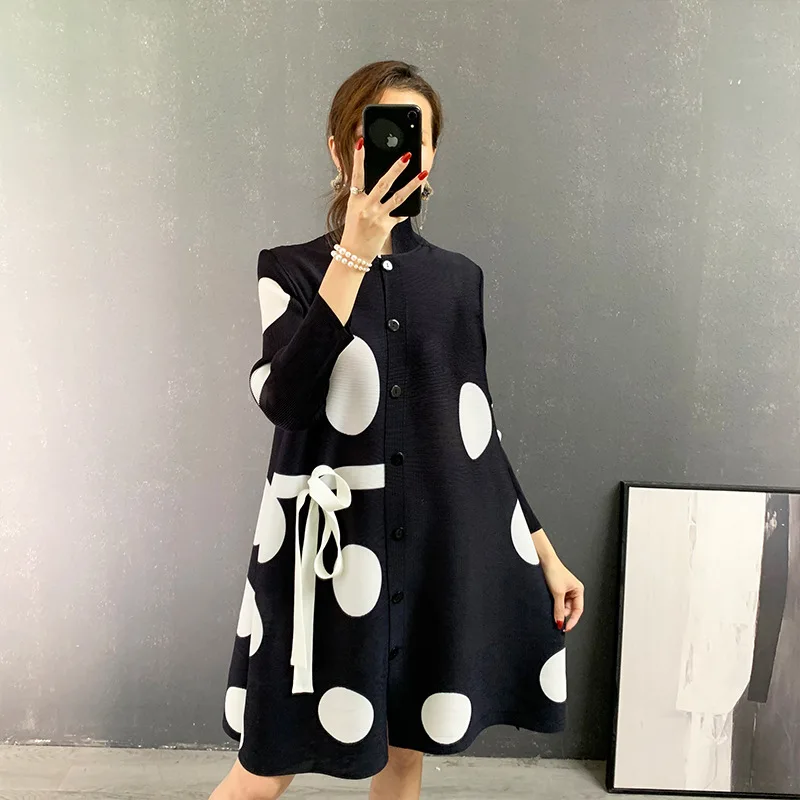 주름 폴카 도트 코트, 레이스업 브레스티드 스탠드 칼라 가디건, 루즈한 라지 사이즈, 3/4 소매, Ys381074, 신상