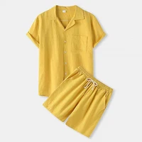 Summer Men's Casual Short-sleeved Shorts Suit Solid Color Lapel Button Pocket Shirt+elastic Drawstring Shorts Sports Suit 2